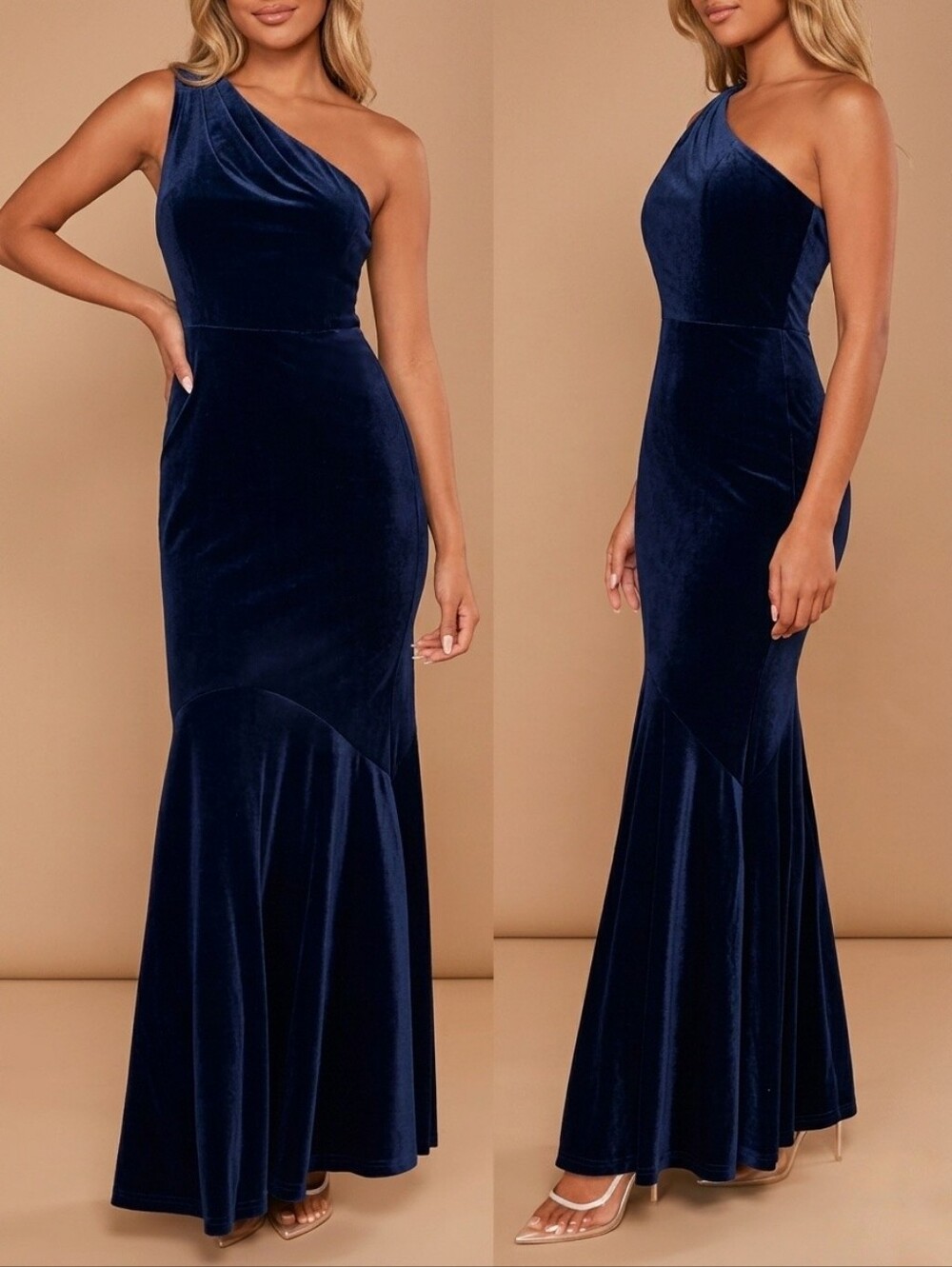 NEW Velvet One Shoulder Mermaid Dress Gown Dress Navy Blue